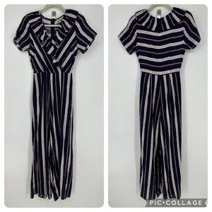 3/$25 Polagram‎ Striped Wide Leg Pants Jumpsuit S Ruffle Trim Navy Blue